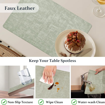 FROMHEART Faux Leather Placemats Set of 12–Waterproof,Heat/Oil Stain-Resistant PU Table Mat–Reversible,Non-Slip,Easy to Clean Place Mats for Kitchen,Dining,Indoor/Outdoor,(Light Green,11.8" x 17")