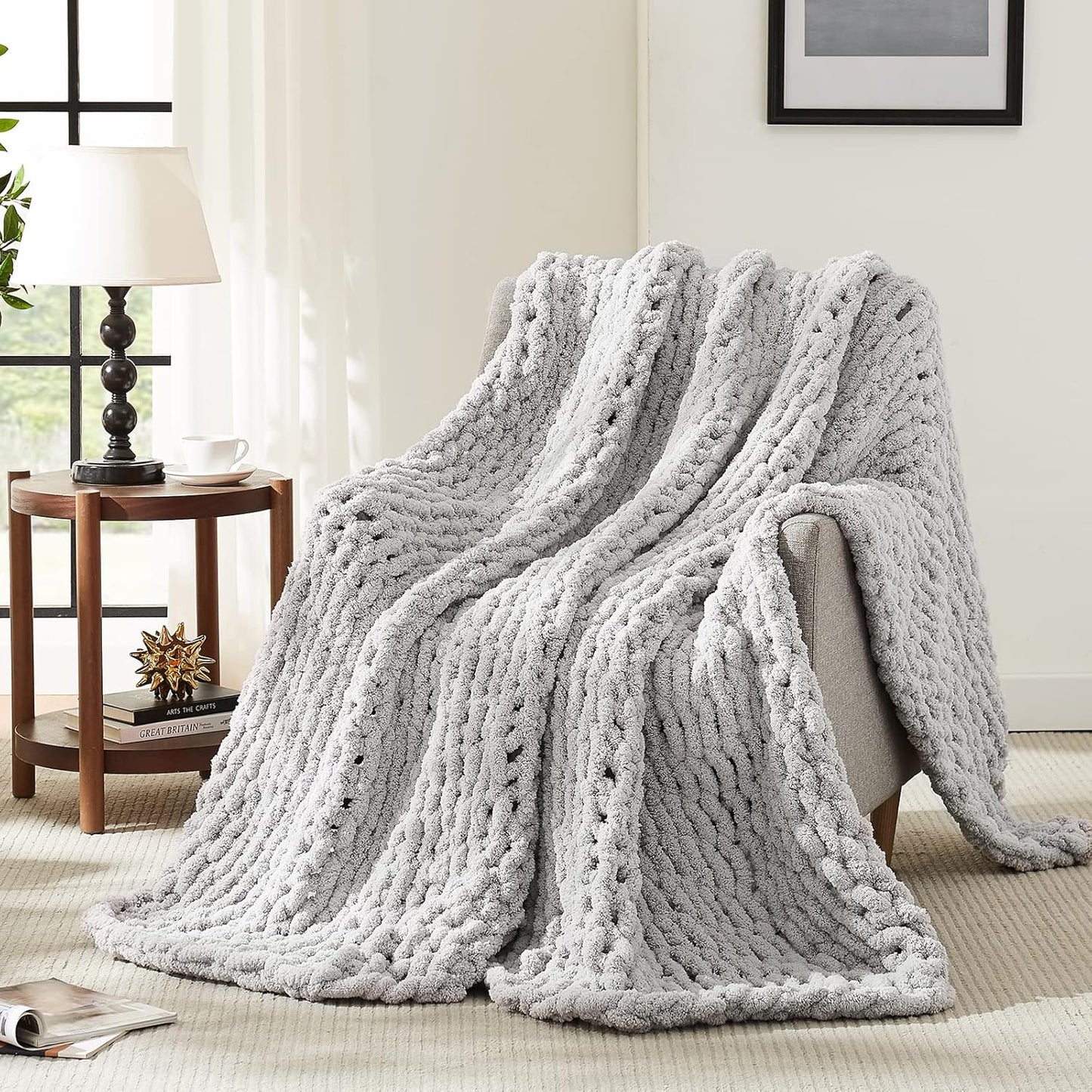 L'AGRATY Chunky Knit Blanket Throw - Soft Chenille Yarn Throw Blanket 60x80: Handmade Thick Cable Knit Crochet Blanket - Large Knit Blanket Chunky Rope Knot Throw Blanket for Couch Sofa Bed Home Decor