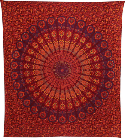 Bless International Handmade Indian hippie Bohemian Psychedelic Peacock Mandala Wall hanging College Dorm Beach Throws Table Cloth Bedding Tapestry (Golden Brown Maroon,