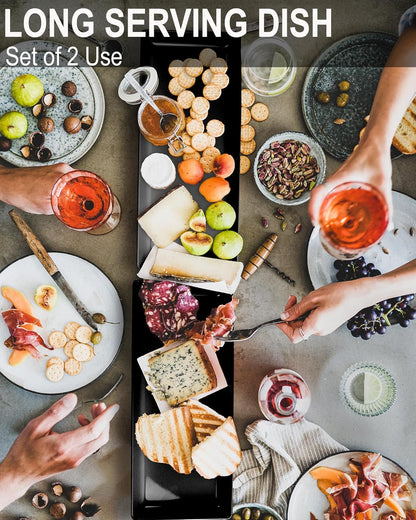 Long Melemine Serving Tray, 17.3x8x1.5 in Serving Platters and Trays for Appetizer, Charcuterie, Bread, Fruit, Dessert, Set of 2, Black