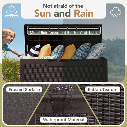 Flamaker Deck Box with Cushion 100 Gallon Waterproof Resin Storage Box with Air Rod Indoor Outdoor Lockable Storage Bench for Patio Furniture, Tools, Pool Accessories (Deep Brown)