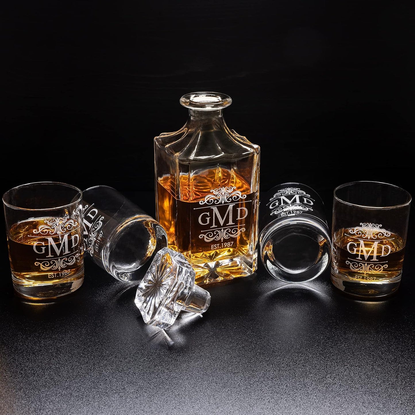 Gifts Inscribed Personalized Whiskey Decanter Set - Engraved Whiskey Decanter Bottle & Set of 4 Custom Drinking Glasses Laser Etched - Customized Whisky Gift for Wedding, Birthday, Fathers Day
