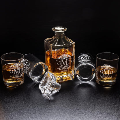 Gifts Inscribed Personalized Whiskey Decanter Set - Engraved Whiskey Decanter Bottle & Set of 4 Custom Drinking Glasses Laser Etched - Customized Whisky Gift for Wedding, Birthday, Fathers Day