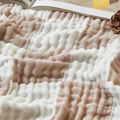 EMME Checkered Cotton Blanket Twin Large 60"x80" 100% Muslin for Couch Breathable Cooling Gauze All Season Soft and Lightweight Pre-Washed (Light Tan)