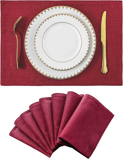 Home Brilliant Cloth Placemats Set of 8 Red Linen Placemats for Dinner Heat Resistant Dining Table Mats Kitchen Place Mats, Dark Red Burgundy