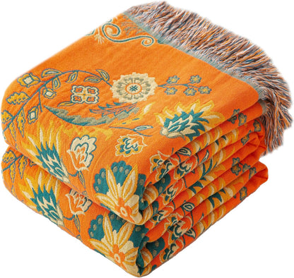 Boho Throw Blanket Twin Size, Soft Cozy Cotton Muslin Quilt Blanket for Bed Decor, Floral Patterned Couch Sofa Chair Cover, Vintage Farmhouse Cottage Tapestry Woven Blanket, Orange&Green