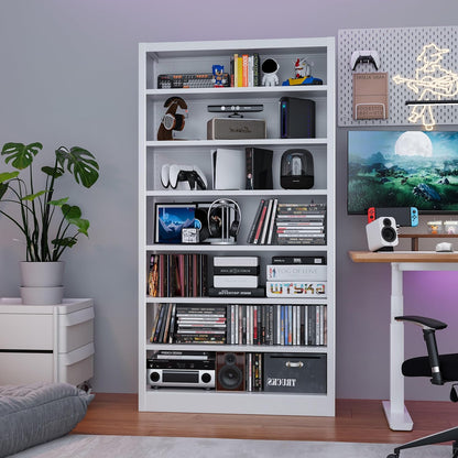 Metal DVD Storage Cabinets White, 7-Tier CD Storage Rack with Adjustable Shelves for CD Holder, Books, Games, Book Shelf for Living Room & Home Office