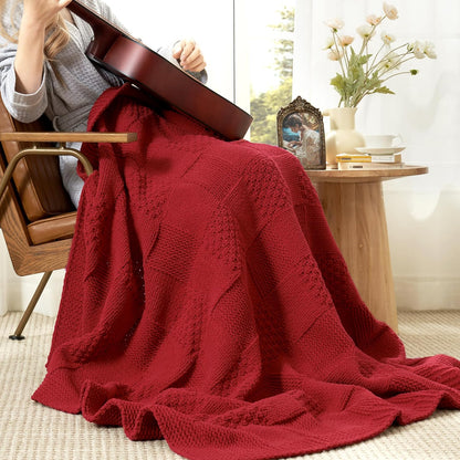 Amélie Home Chenille Knit Throw Blanket for Couch, Checkered Texture Decorative Soft Blanket for Sofa, Bed & Living Room, 50"x60", Red