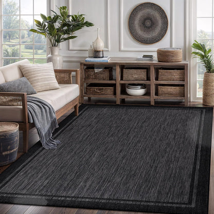 CAMILSON Indoor Outdoor Rug, 5x7 Bordered Dark Grey Black Modern Area Rugs for Indoor and Outdoor Patios, Kitchen and Hallway Mats, Washable Porch Deck Outside Carpet (Bordered Black, 5 x 7)