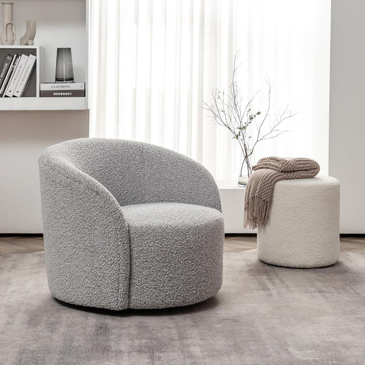 KINWELL 34" Boucle Swivel Barrel Chair with 18" Round Ottoman Set, Fully Assembled Set of Sherpa