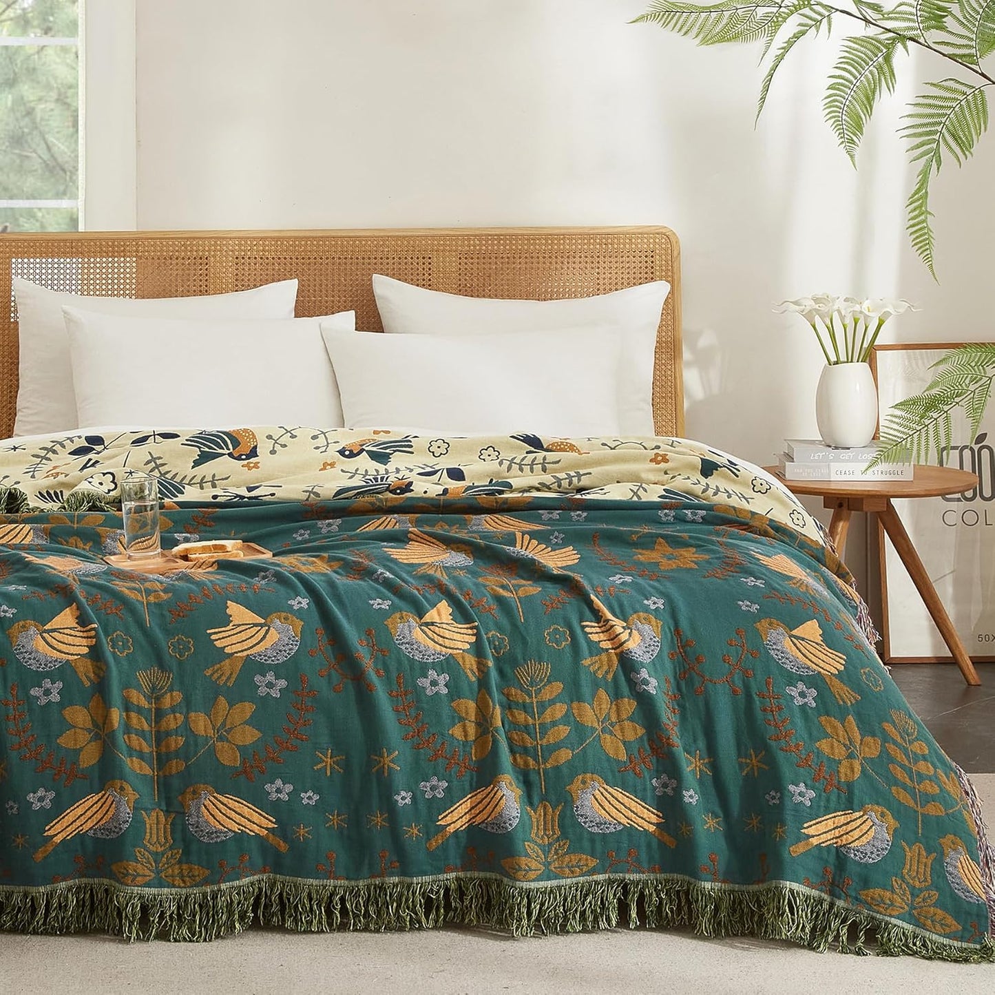 Boho Throw Blanket for Couch Sofa Bed, 100% Cotton Woven Quilt with Tassel 80”x90”, Super Soft Muslin Blanket with Bird Printed, Decorative Reversible Bed Blanket/Cover for All Seasons