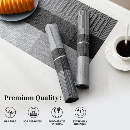 Leetaltree Grey with White Striped Placemats Set of 8 - Heat Resistant Non-Slip Place mats for Dining Table, Washable Durable PVC Vinyl Woven Table Mats（Grey Stripe, 8）