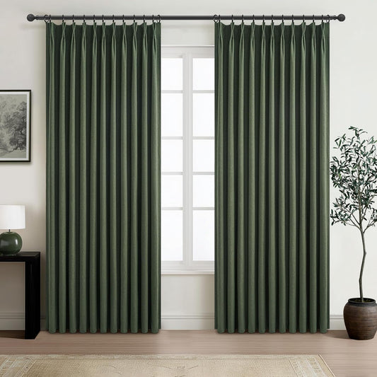 Pinch Pleated Blackout Curtains 70 Inches Extra Wide for Living Room, Sliding Glass Door Linen Blend Olive Green Viral Large Window Thick Heavy Duty Thermal Soundproof Drapes(70"Wx96"Lx2Panels Loden)