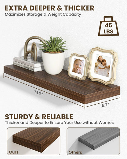 Marsmiles 31.5" Floating Shelves for Wall, Wooden Shelves with Invisible Brackets Set of 2, Rustic Farmhouse Wall Mounted Shelf for Kitchen Bathroom Living Room Study, Walnut