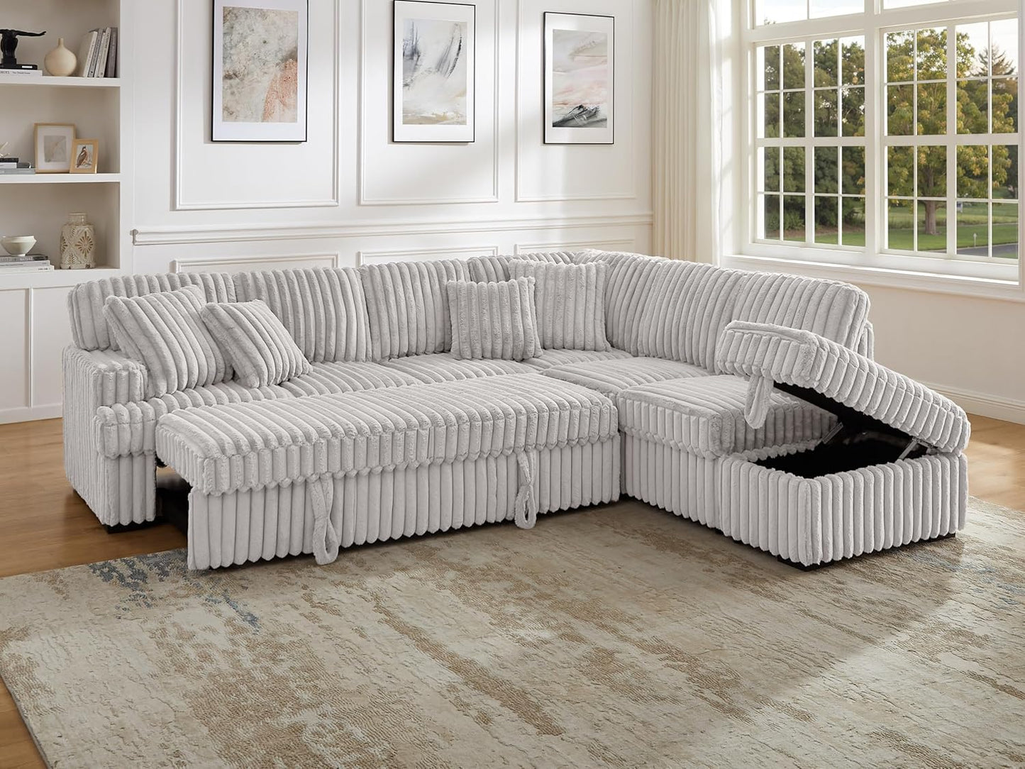 THSUPER 113-Inch Oversized L Shaped Plush Corduroy Fluffy Sectional Sleeper Sofa with Pull Out Bed and Storage Ottoman - Off-White