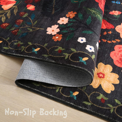 Runner Rug for Hallways Kitchen Rug Non Slip 2'x 6' Washable Runner Rugs with Rubber Backing Soft Floral Carpet Runner for Hallways, Kitchen, Laundry, Bedroom, Bathroom(Black)