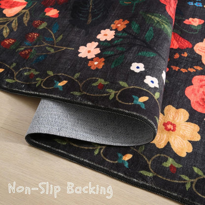 Bedroom Rug 3x5 Rug Washable Area Rug Non Slip Low Pile Boho Floral Small Carpet for Bedroom, Bedside, Kitchen, Entryway, Kids Room, Office, College Dorm Essentials for Girls(Black)