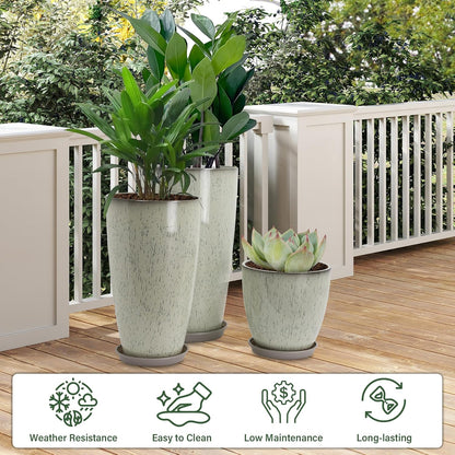 24/21/12 Inch Large Plastic Planter, Lightweight Ceramic-Look Large Flower Pots with Drain Hole & Saucers, Plastic Outdoor Planters for Garden, Patio, Balcony(Glaze White)