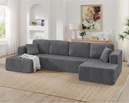 HYJT-H&K Modular Sectional Sofa Cloud Secttional Couch, 132" Comfy U Shaped Couches for Living Room, Deep Seat Memory Foam Fluffy Plush Corduroy Boneless Couch Sectionals with Chaise, Grey