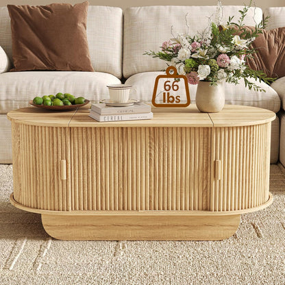 Lift Top Coffee Table with Storage,Oval Wood Coffee Table with Sliding Doors & Hidden Compartment, Fluted Center Table for Home,Living Room,Office, Natural