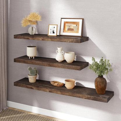 RICHFOCUS Elm Floating Shelves for Wall - 36" W x 9.3" D Rustic Solid Wood Shelves with Invisible Bracket, Wall-Mounted for Living Room, Bedroom, Kitchen Storage & Display, Set of 2, Walnut