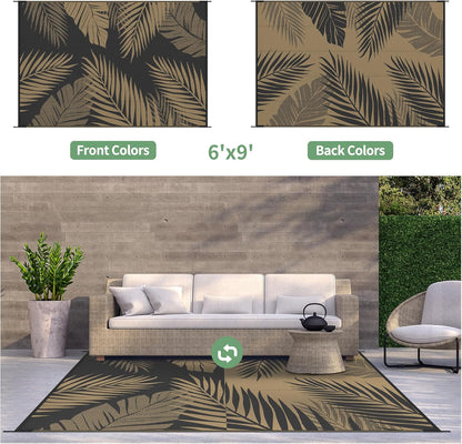GENIMO Outdoor Rug 6' x 9' Waterproof for Patios Clearance, Reversible Outdoor Plastic Straw Camping Rug Carpet, Large Area Rugs Mats for RV, Camper, Deck, Balcony, Porch, Beach, Picnic, Black&Brown