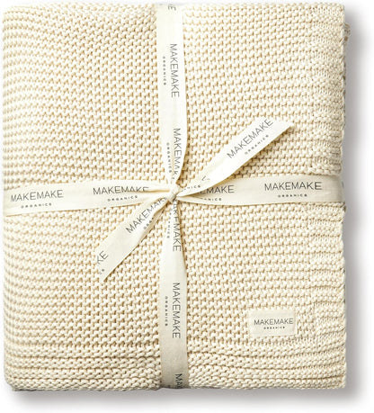 MakeMake Organics Organic Throw Blanket GOTS Certified Organic Cotton Blanket Chunky Knit Super Soft Cozy Fall Winter Large Adults Throw Blanket (50x60, Vanilla)