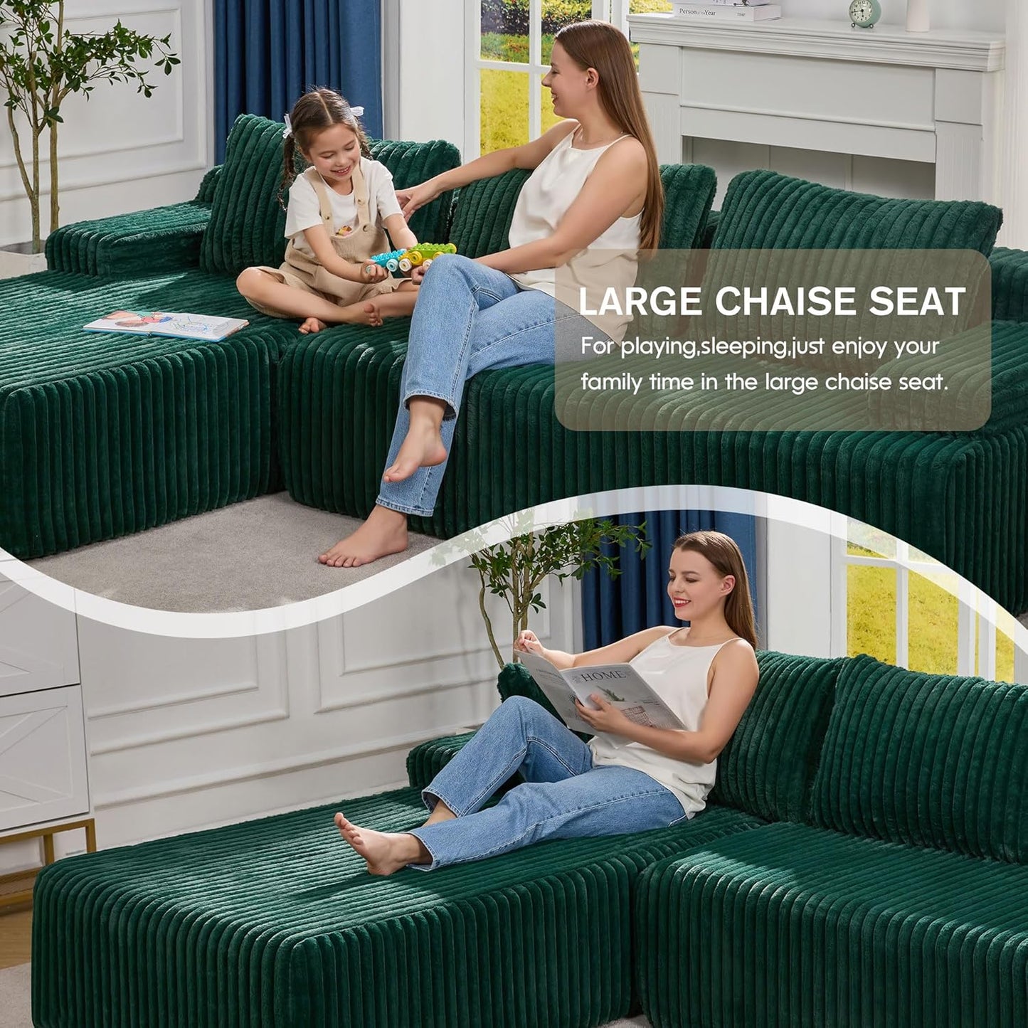 Hobestluk Modular Sectional Sofa Couches 108" L-Shape Couch 3 Seat Modular Sofa Memory Foam Sectional Couches for Living Room, Boneless Couch with Oversized Chaise (Green, Left Facing)