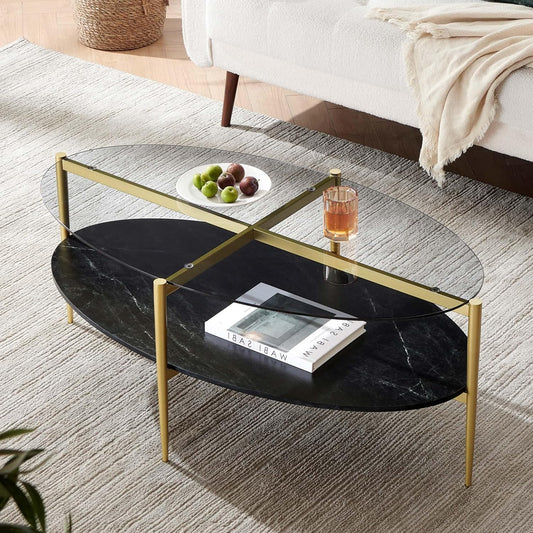 Oval Glass Coffee Table, Mid-Century Modern Design, L43 x W22 x H17 inch, Surfboard Shaped Grey Glass Top and Black Marble Finish Wood Shelf, Tapered Legs with Gold Finish Frame
