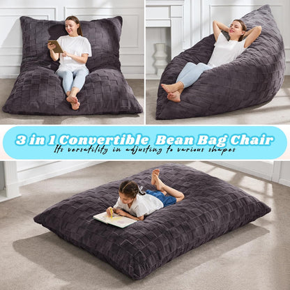 Hobestluk 3 in 1 Bean Bag Chair Giant Bean Bag Chairs for Adults with Plaid Cover Convertible Bean Bag Floor Cushion with Machine Washable Cover for Living Room (Plaid Dark Grey)