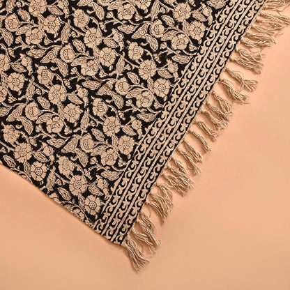 Handmade Cotton Throw Blanket 55x80 Inches | Black & Beige Floral Block Print Decorative Sofa Throw with Tassels | Large Lightweight Cotton Bedspread for Living Room, Couch, or Bedroom