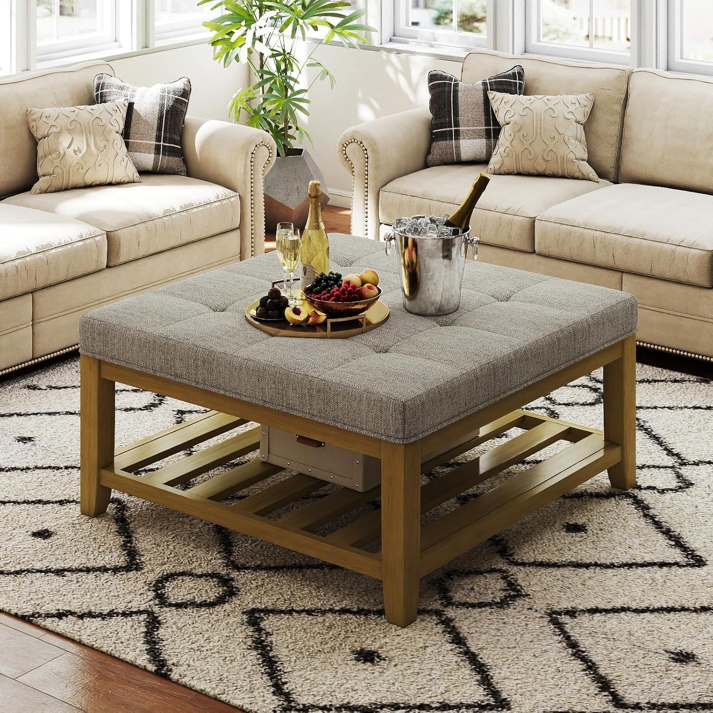 Large Square Ottoman Coffee Table, Linen Solid Upholstered Footrest Ottoman with Solid Wood Shelf Storage Tufted Coffee Table for Bedroom Living Room, Linen