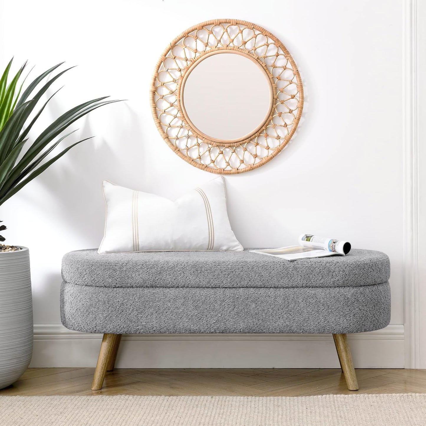 Oval Storage Bench 43.5" Linen Fabric Upholstered Entryway Bench with Solid Wood Legs Ottoman Bench Indoor Bench for Living Room/Bedroom/End of Bed/Entryway (New Grey)