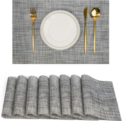 Placemats Set of 8，Non-Slip PVC Weave Table Mats Easy to Clean，Heat Resistant Place Mats for Kitchen Dining Table Decoration Indoor Outdoor，Gray