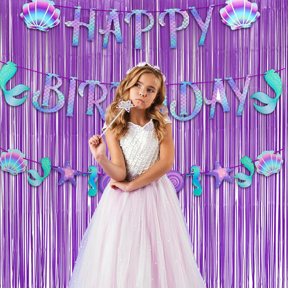 Purple Foil Fringe Party Backdrop - GREATRIL Party Streamers for Mermaid/Butterfly/Wednesdays/Star Birthdays Party Decoration - 3.2ft X 8.2ft - 2 Packs