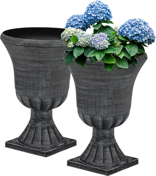 22" Large Urn Planters for Outdoor Plants, Set of 2 Plastic Flower Pot with Handmade Washed Black Finish, Weather-Resistant for Porch, Garden, Patio or Indoor Use