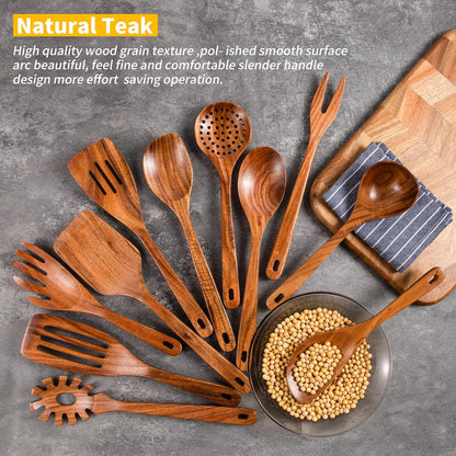 GUDAMAYE 11 PCE Wooden Spoons for Cooking, Wooden Kitchen Utensils Set,Wooden Cooking Utensils,Natural Teak Wooden Spoons For Non-stick Pan