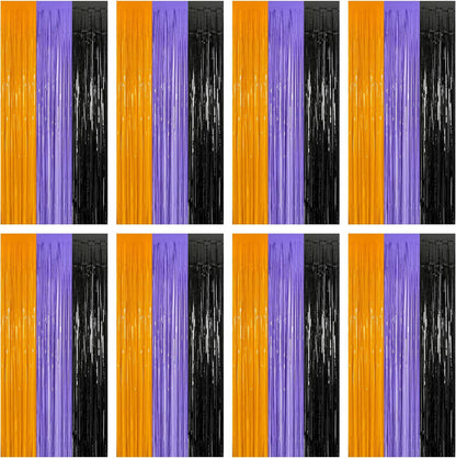 8 Pack Halloween Decorations Indoor, 3.28 FT x 7.05 FT Party Streamer, Orange Purple Black Streamer Backdrop Fringe Curtains Foil Tinsel, Halloween Party Supplies Hanging Halloween Decor