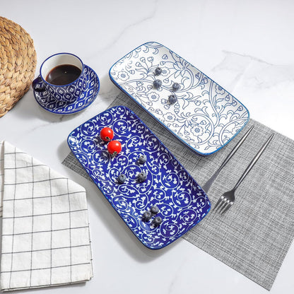 Selamica Ceramic Serving Platters, 12 Inch Serving Trays for Party Entertaining, Large Rectangular Serving Plates for Food, Set of 6, Vintage Blue