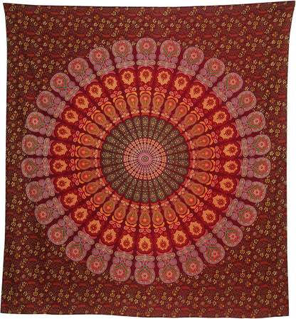 Bless International Handmade Indian hippie Bohemian Psychedelic Peacock Mandala Wall hanging College Dorm Beach Throws Table Cloth Bedding Tapestry (Maroon Yellow, Queen(84x90Inches)(215x230Cms))