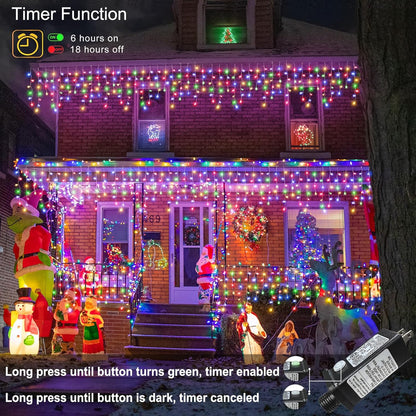 Colored Christmas Lights, 66ft 640 LED Icicle Lights for Outside House with Connectable Clear Wire 8 Modes Timer, Plug in Waterproof for Yard Tree Eaves Party Indoor Holiday Decoration, Multicolor