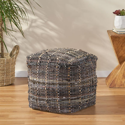 GDFStudio Boho Handmade Fabric Cube Pouf Ottoman Foot Stool - Bean Bag Floor Chair - Foot Rest Couch for Living Room Bedroom Khaki,16" x 16" x 16"