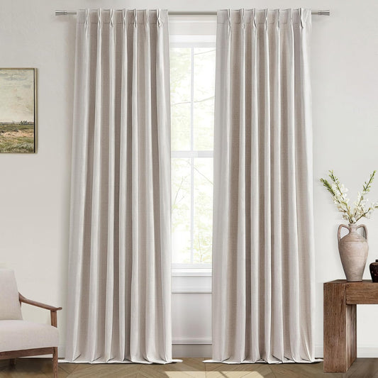 Custom 105 Inch Curtains for Nursery, Cute Extra Long 100 Percent Blackout Kids Curtains 2 Panel Set Natural Ivory Cotton Linen Window Drapes Pinch Pleated Thermal Insulated Aesthetic Baby Room Burgs