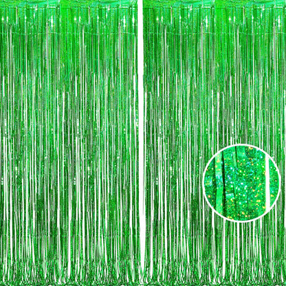BRAVESHINE Green Metallic Tinsel Foil Fringe Curtains - 2 Pack 3.2 x 8.2 ft Metallic Photo Backdrop for Graduates-Theme/St Patricks Day/Hawaiian/Luau/Dinosaur/Jungle-Theme/Christmas Party Decorations