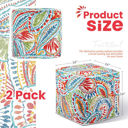 Juexica 2 Pack Ottoman Poufs Indoor Outdoor Inflatable Ottoman Stool Cube Pouffe Square Footstool with Handle for Patio Garden Home Boho Decorative Living Room, Bedroom(16 x 16 x 16 Inches)
