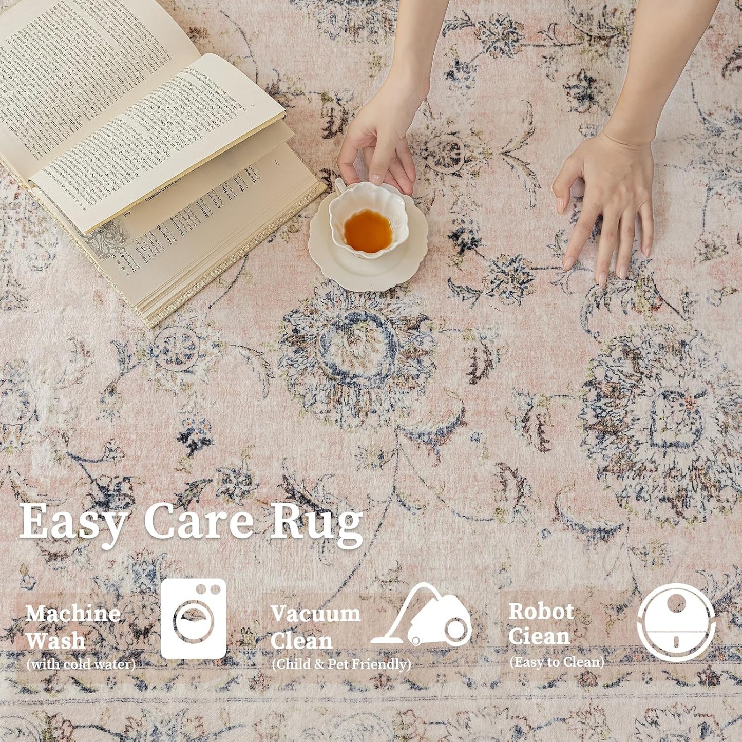 5'x7' Vintage Floral Rug - Persian Inspired Low-Pile Faux Wool Area Rug, Non-Slip Washable Rug for Bedroom, Nursery, Dorm, Soft Pink Boho Chic Decor