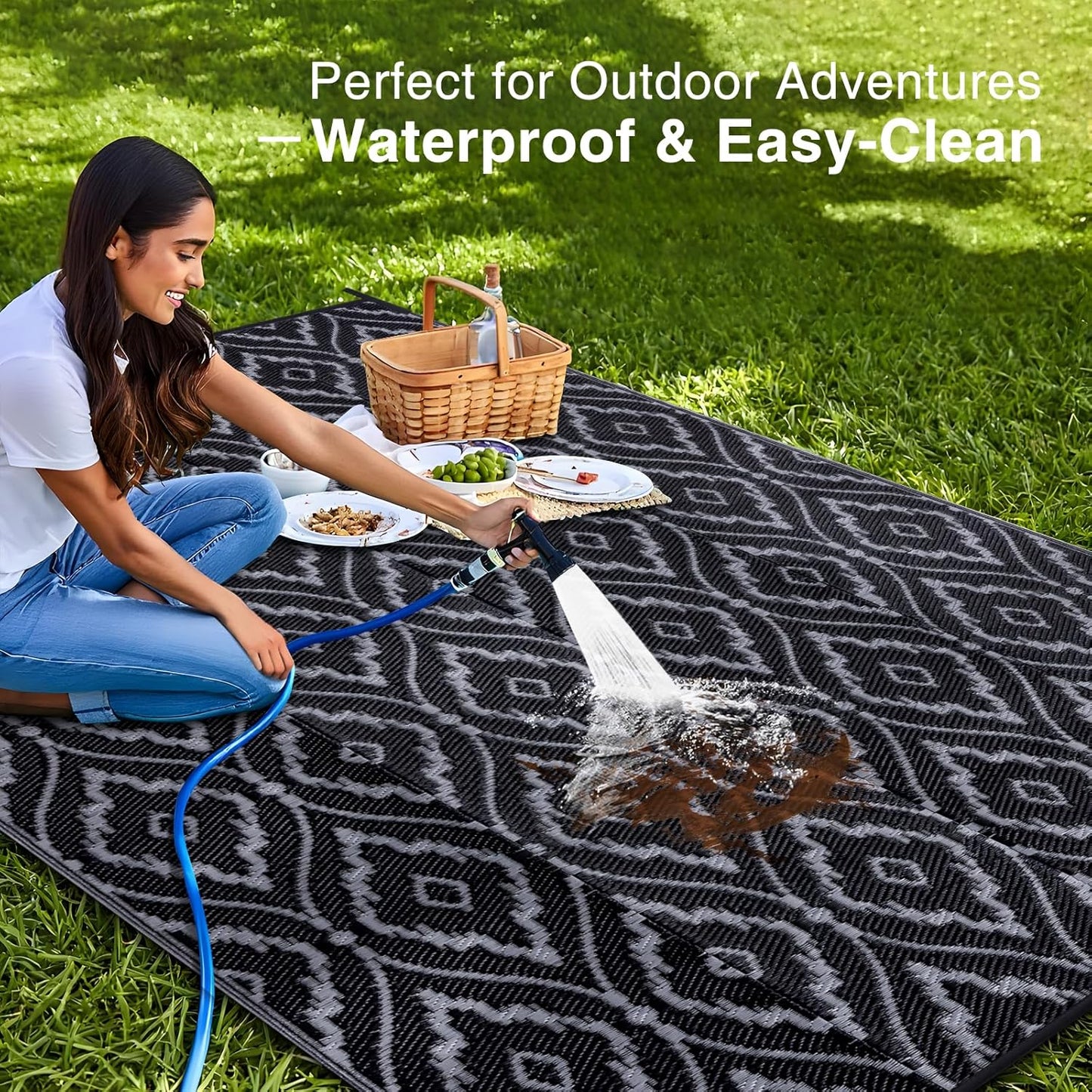 OLANLY Outdoor Rug 8x10 ft Waterproof, Outdoor Plastic Straw Rug with Geometric Pattern Clearance, Reversible RV Mat for Patio, Camping, Balcony, Deck, Backyard, Black & Grey