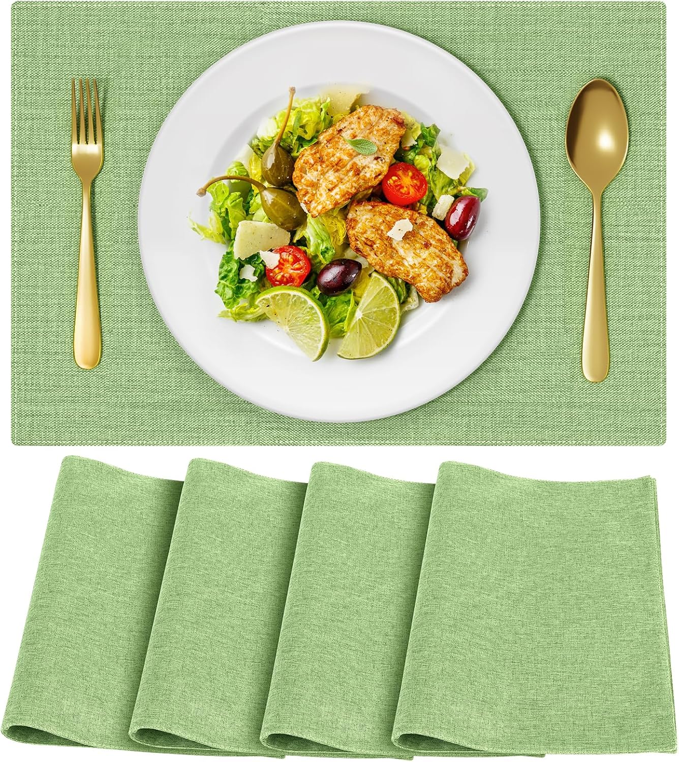 Cloth Placemats, Set of 4 Heat-Resistant Cotton Linen Blend Double Layered Machine Washable Place Mats, Wrinkle Free Thick Fabric Dining Table Mats for Indoors & Outdoors (Grass Green, 4)