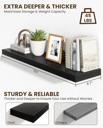 Marsmiles 39" Floating Shelves for Wall, Wooden Shelves with Invisible Brackets Set of 2, Rustic Farmhouse Wall Mounted Shelf for Kitchen Bathroom Living Room Study, Black