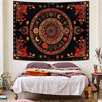 Lunerfex Mandala Moon and Stars Tapestry Boho Tapestry for Bedroom Black and Orange Tapestries Wall Hanging Living Room Wall Art and Home Decor 60x80